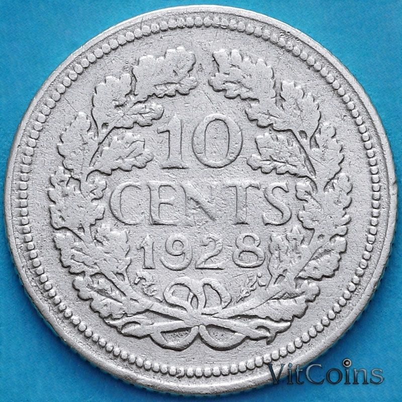 Монета Нидерланды 10 центов 1928 год. Серебро