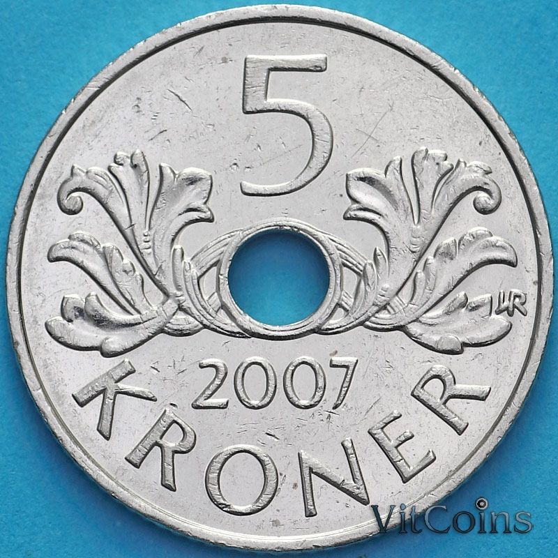 Монета Норвегия 5 крон 2007 год.
