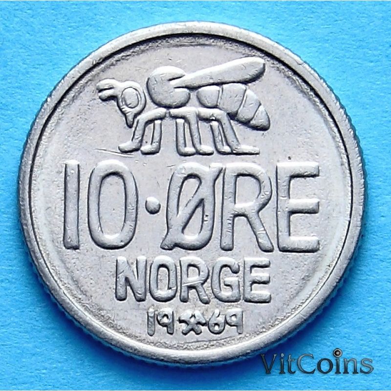 Монета Норвегии 10 эре 1960-1973 год. Пчела.