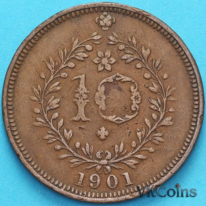 Монета Азорские острова, Португалия 10 рейс 1901 год.