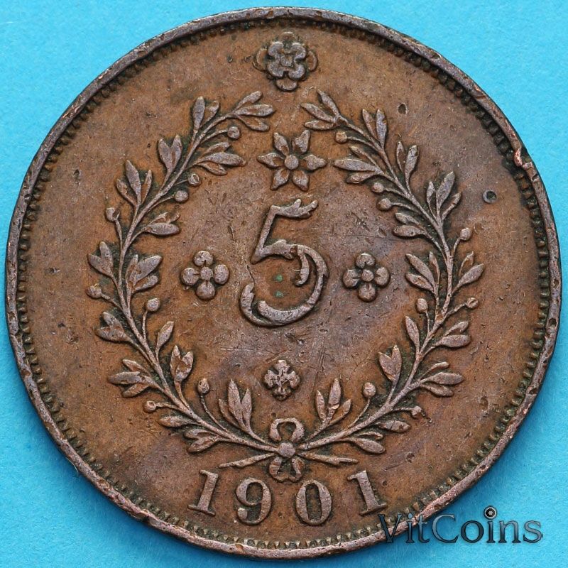 Монета Азорские острова, Португалия 5 рейс 1901 год.