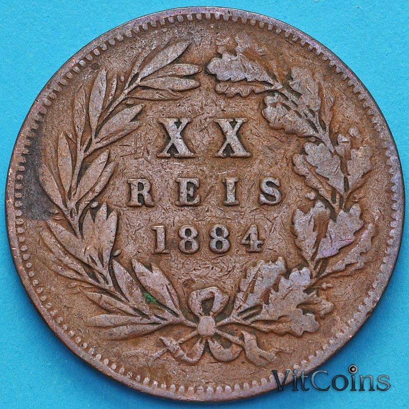 Монета Португалия 20 рейс 1884 год. 
