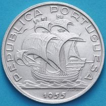Португалия 10 эскудо 1955 год. Парусник. Серебро.