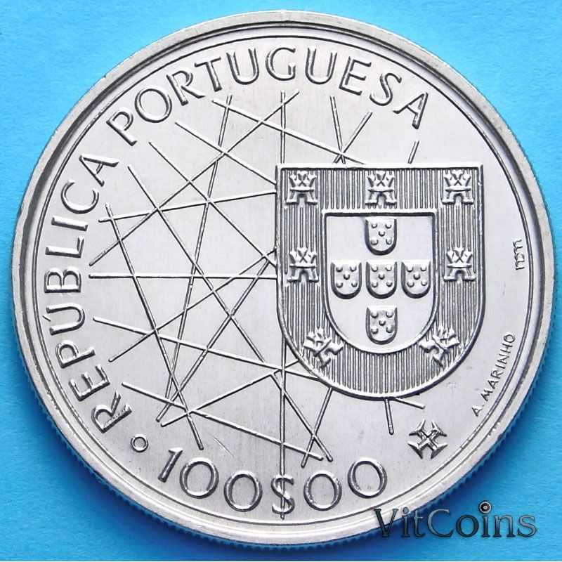 Монета Португалии 100 эскудо 1989 год. Открытие Азорских островов