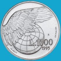 Сан Марино 1000 лир 1993 год. Крыло над земным шаром. Серебро.