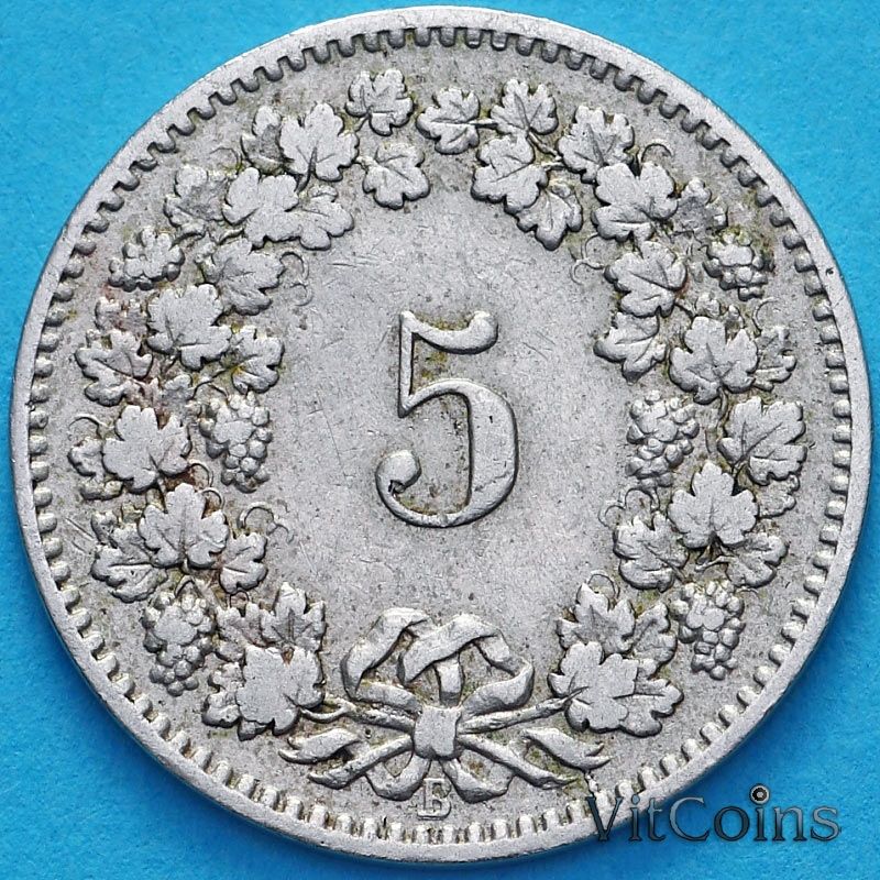 Монета Швейцария 5 раппен 1887 год.