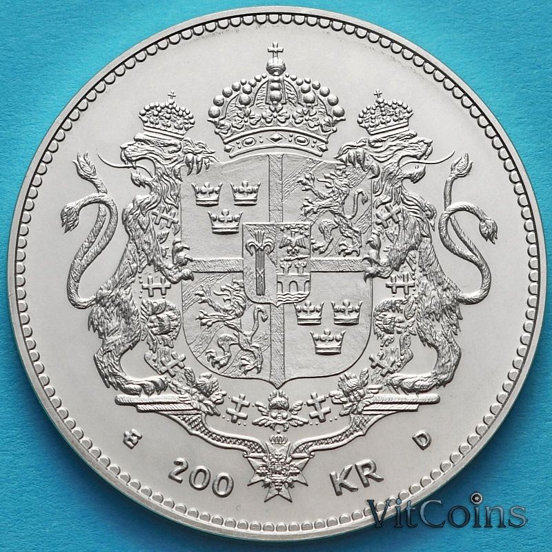 Монета Швеция 200 крон 1993 год. Королева Сильвия. Серебро