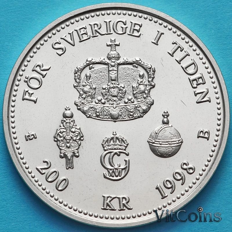 Монета Швеция 200 крон 1998 год. 25 лет правления