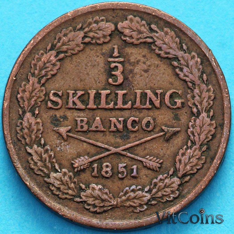 Монета Швеция 1/3 скиллинга 1851 год.