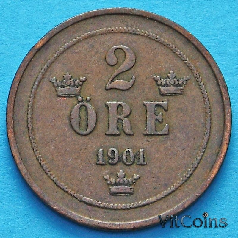 Монета Швеции 2 эре 1901 год.