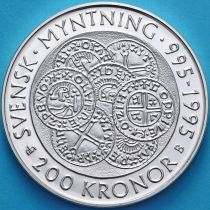 Швеция 200 крон 1995 год. 1000 лет монетам Швеции. Серебро. Пруф
