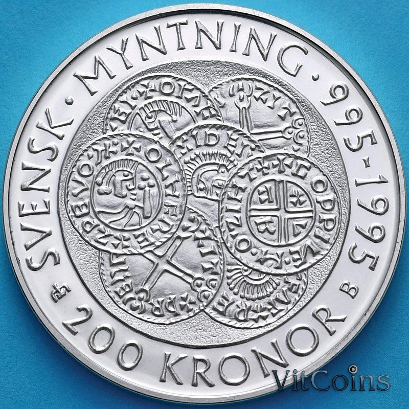 Монета Швеция 200 крон 1995 год. 1000 лет монетам Швеции. Серебро. Пруф