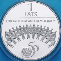 Латвия 1 лат 1995 год. 50 лет ООН. Серебро.